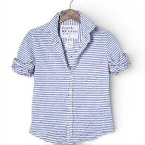 Frank & Eileen Barry Button Down Top Medium Stripe Anchor Crinkle Italian Cotton